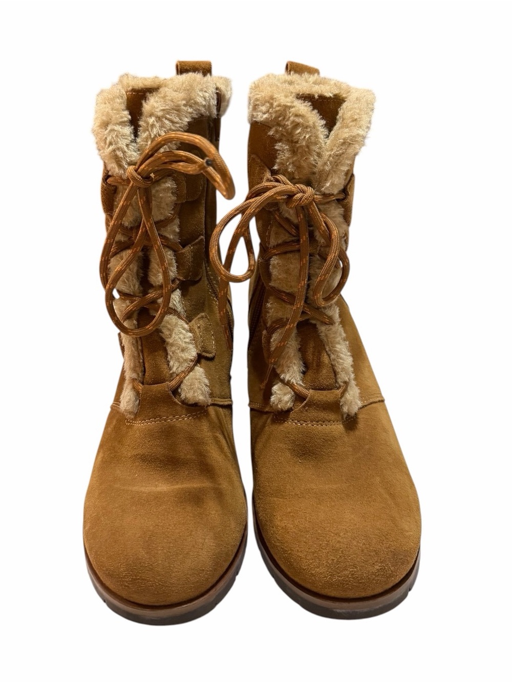 Baretraps "Bonnie" Tan Suede Faux-Fur Wedge Boots Size 7.5 - Picture 2 of 9